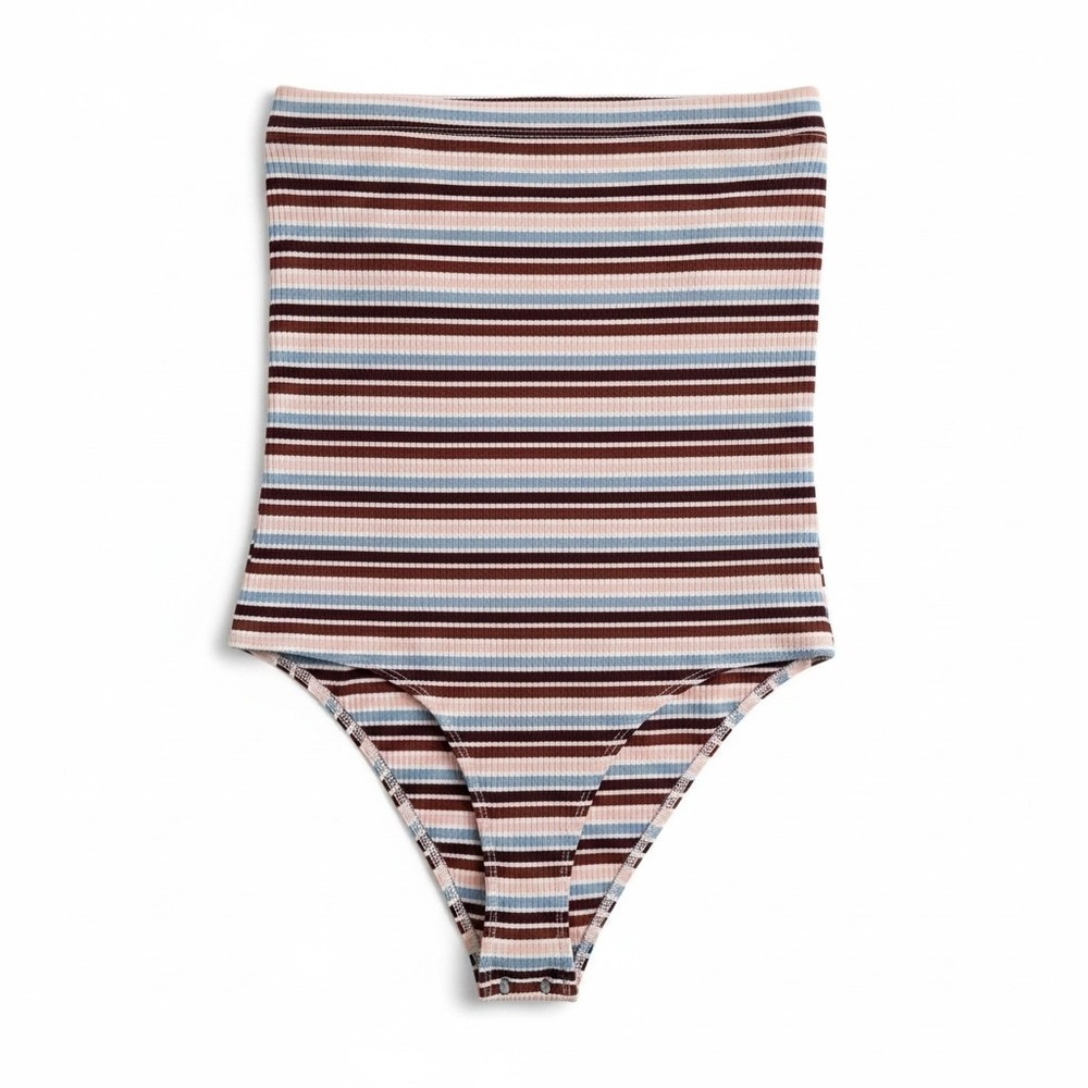 Wild Fable Womens Striped Strapless Ribbed Bodysuit Thong Snap Closure Large